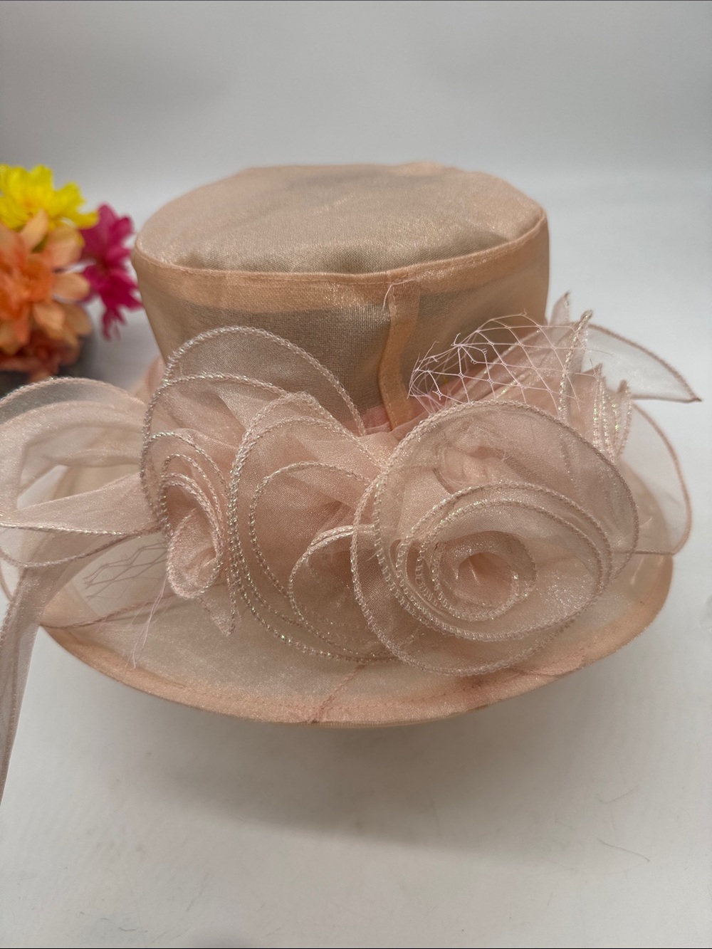 Elegant Peach Wide-Brim Derby Hat